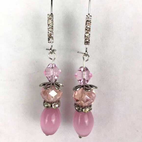 Hand Crafted Jewelry - Pink Beaded Rhinestone Drop Dangle Earrings